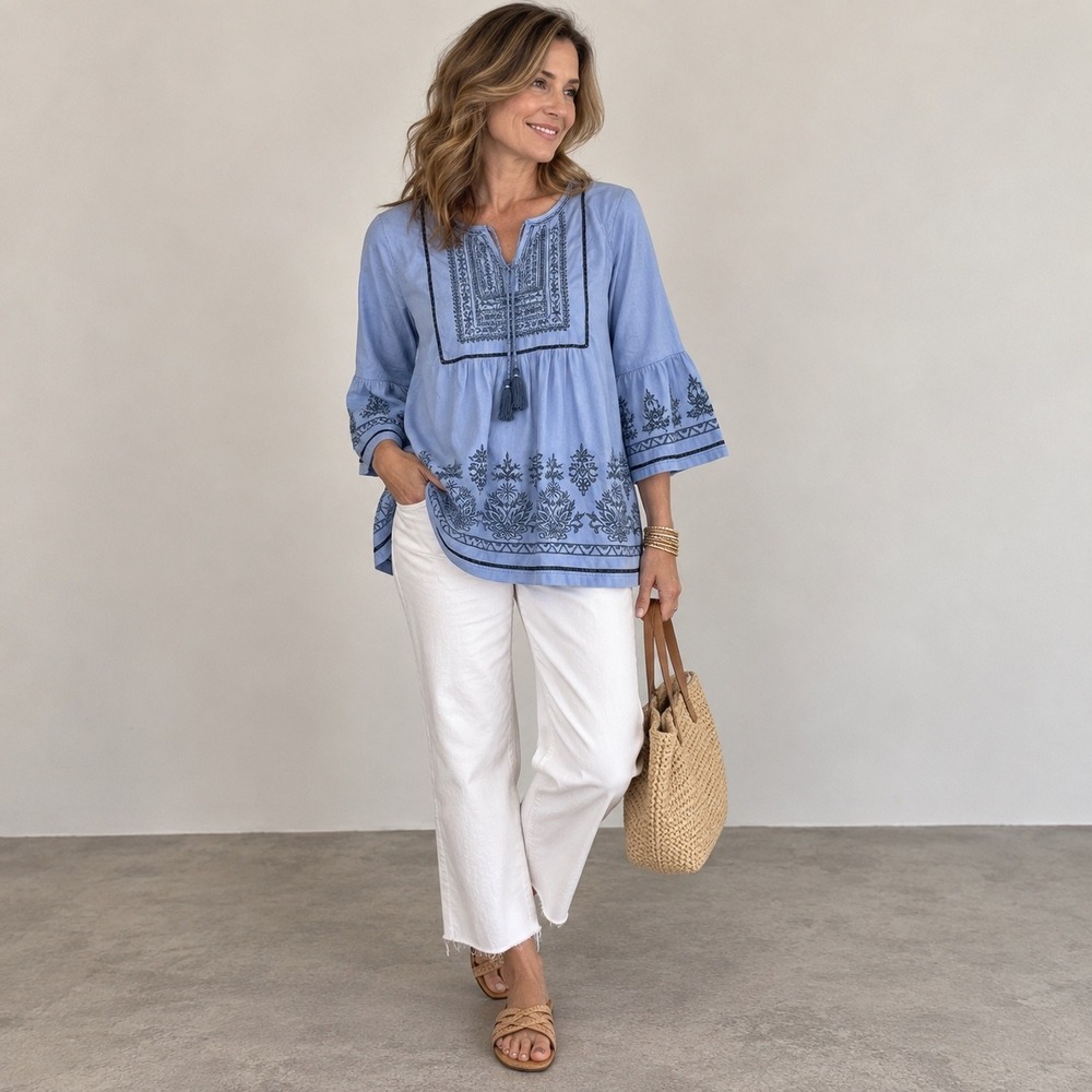 Chicos Embroidered Bib Tassel Boho Top XL Blue Bell Sleeve Beaded Blouse